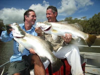 The writer & fishing mate, Terry & barra